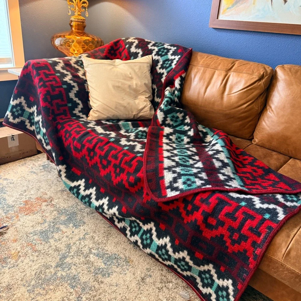 Vintage MCM Geometric Acrylic‎ Blanket Teal Burgundy Reversible 56x76 Soft Mod